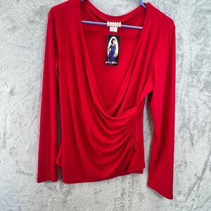 NWT Pinup Couture Red Ruched Wrap V-Neck Long Sleeve‎ Top XL Rockabilly Retro